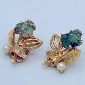 LISNER Vintage Gold Tone Floral, Faux Pearl And Malachite Clip On Earrings